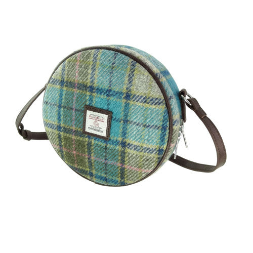 Glen Appin Harris Tweed Bannock Small Round Shoulder Bag Turquoise Tartan