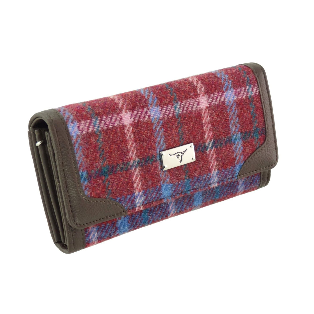Glen Appin Harris Tweed Ladies Bute Fold Over Purse Rust Red with Blue Overcheck