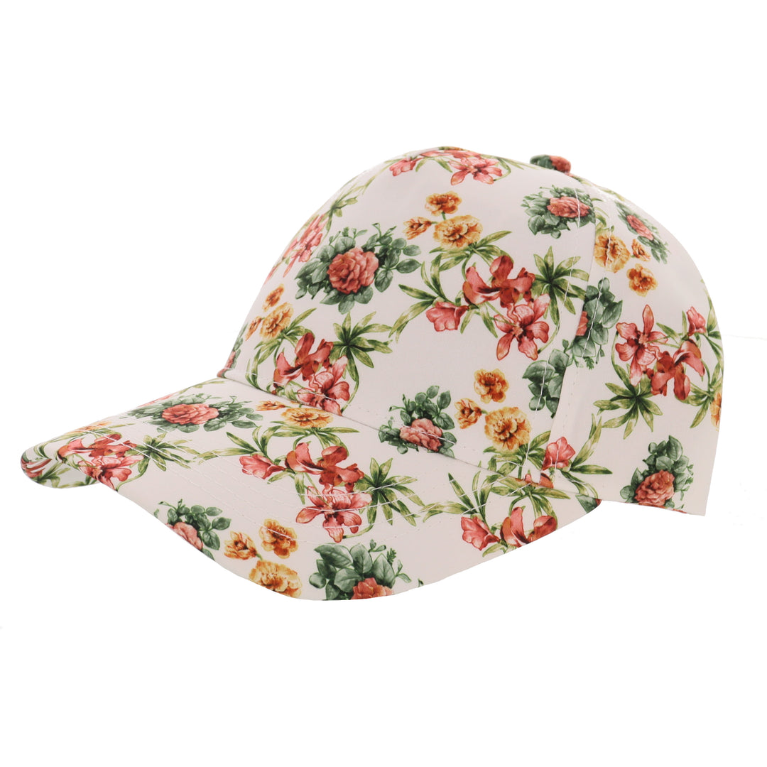 Ladies Floral Adjustable Baseball Cap In White