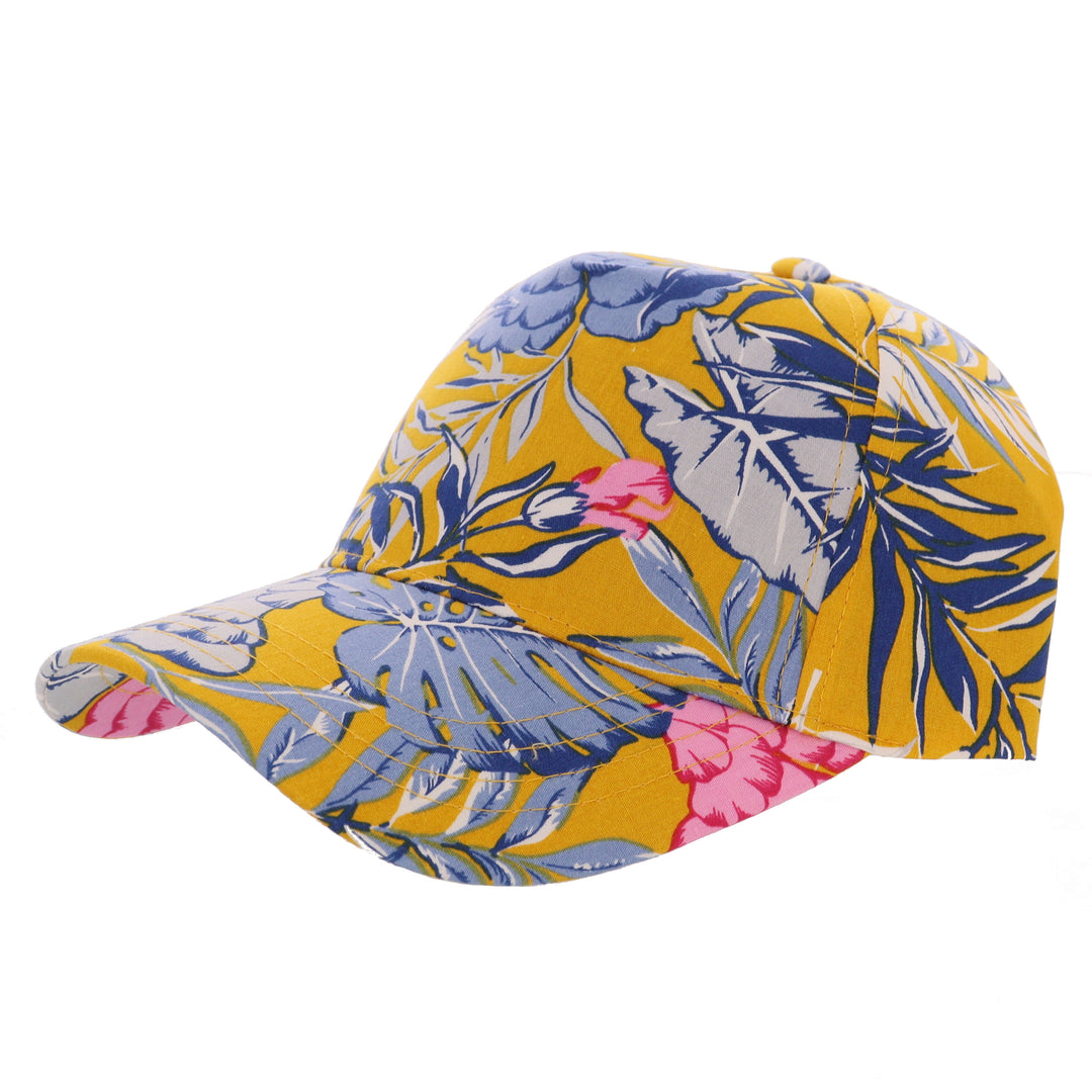 Ladies Floral Adjustable Baseball Cap In Mustard