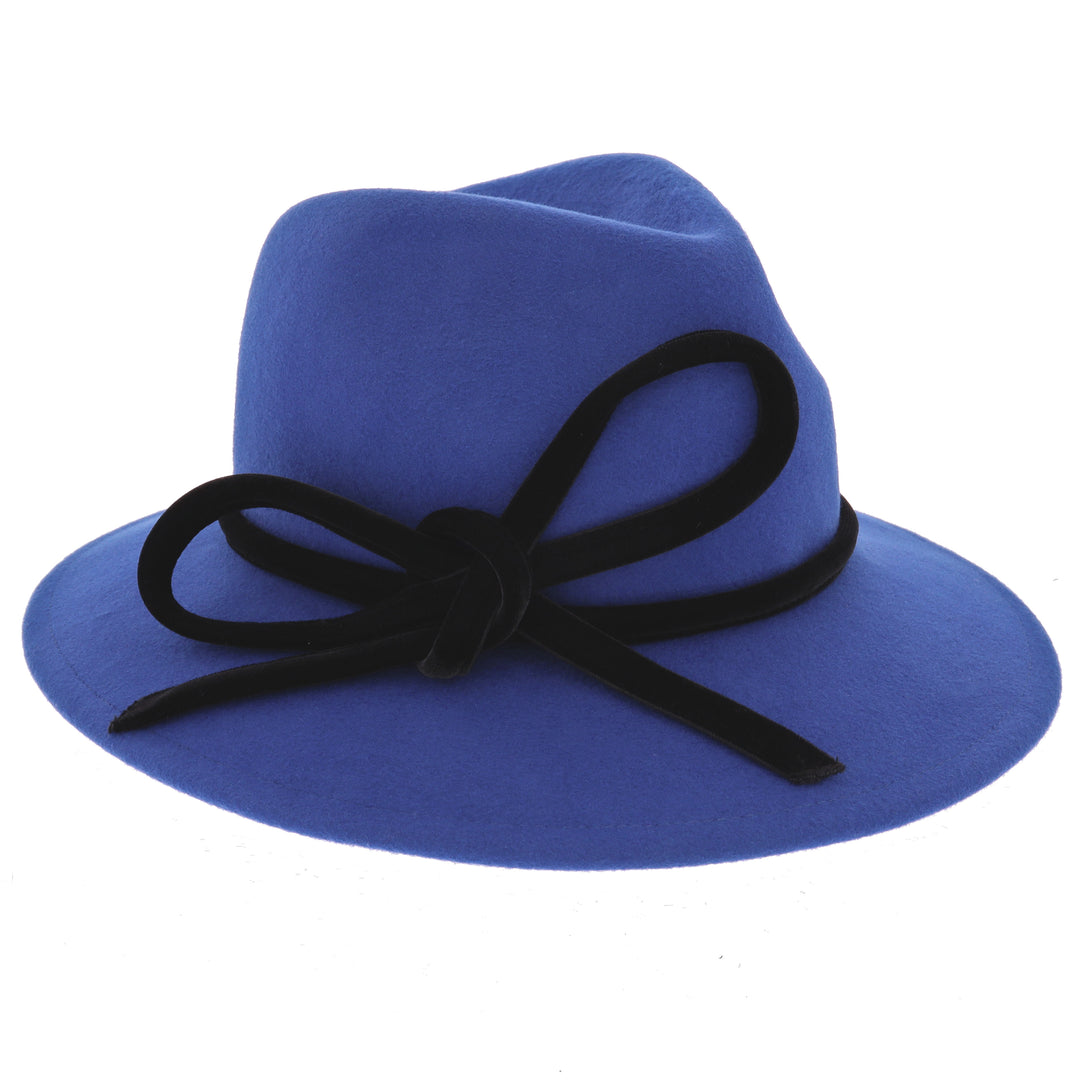 Ladies 100% Wool Fedora in Cobalt Blue With Black Bow