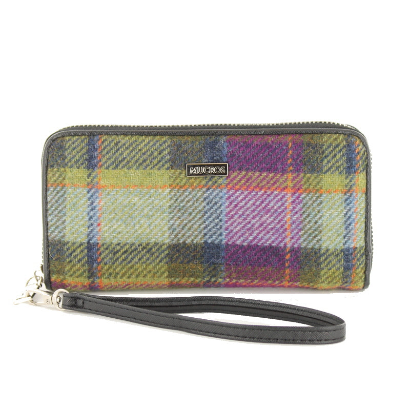 Mucros Weavers Large Zip Purse With Carry Strap in Purple & Green Check