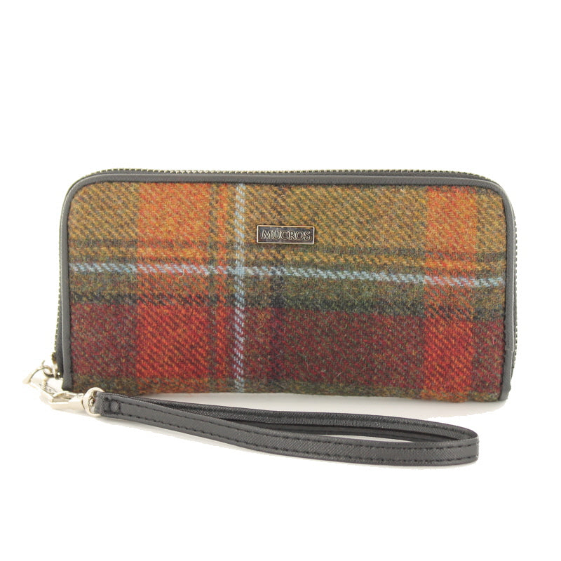 Mucros Weavers Large Zip Purse With Carry Strap in Rust Check