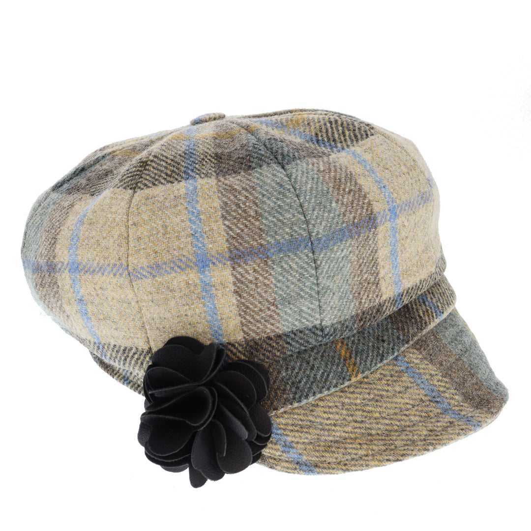 Pale Grey Check 100% Wool Ladies Bakerboy Cap