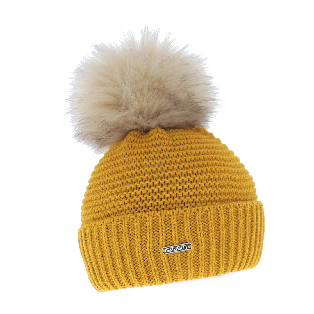 Sabbot Eva Knit Turn Up Faux Fur Bobble Hat Mustard