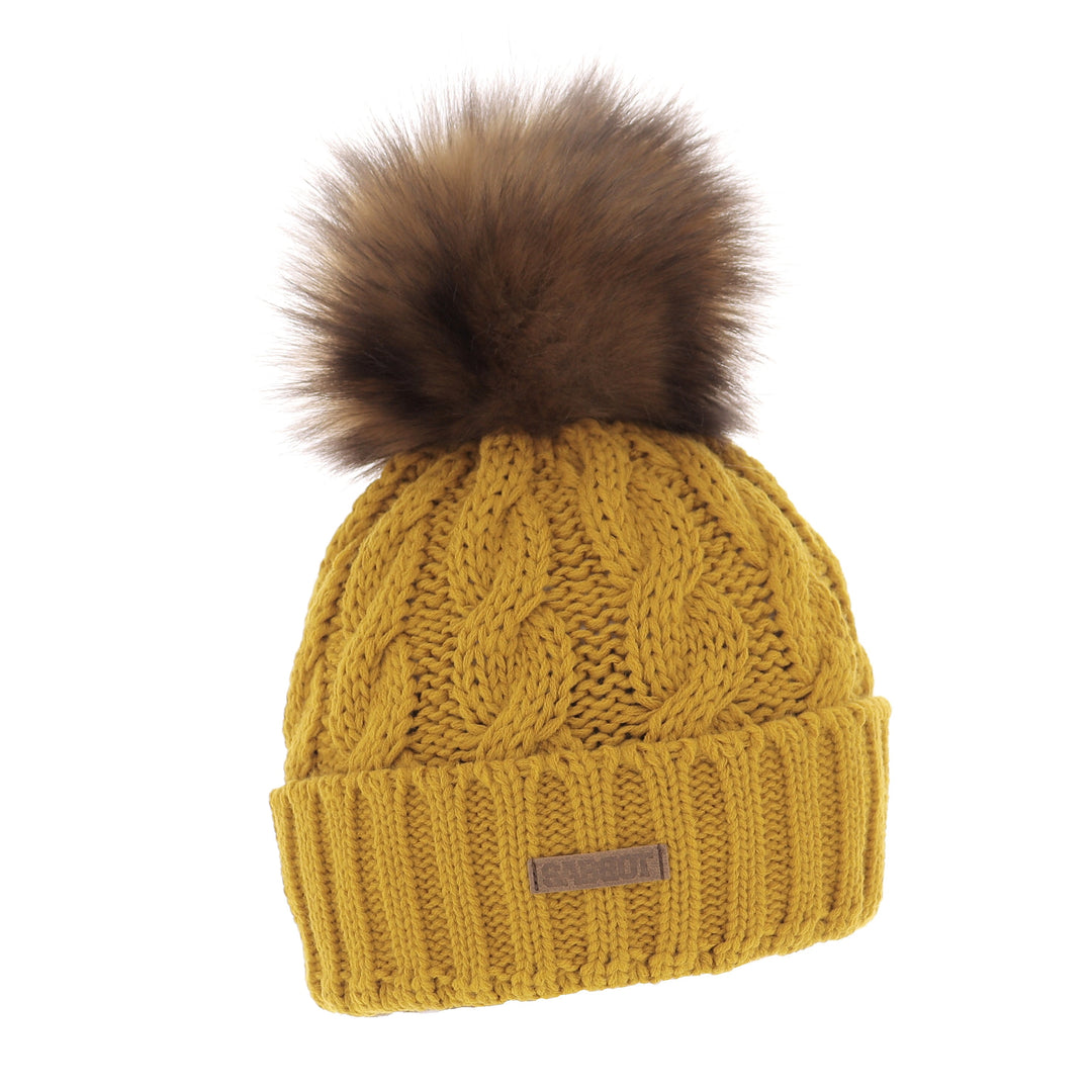 Sabbot Linda Cable Knit Faux Fur Bobble Hat Mustard