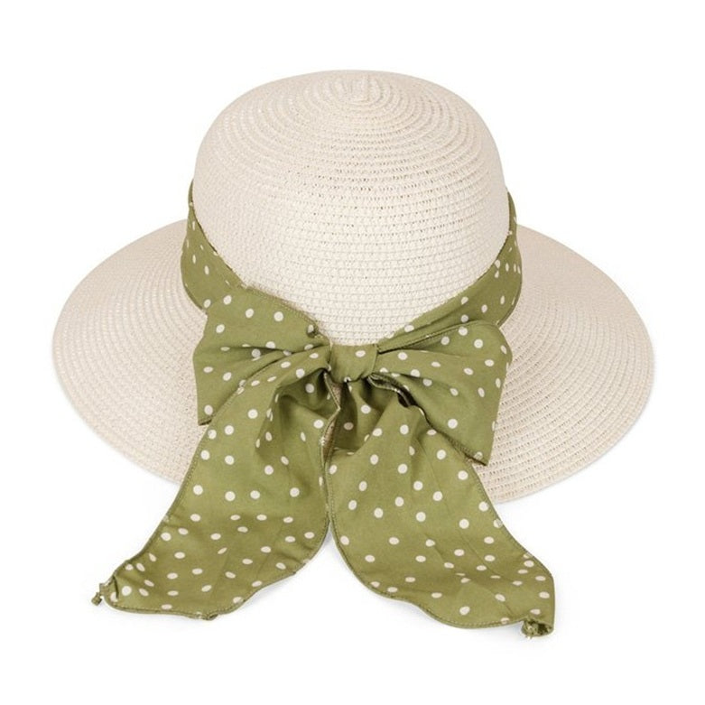 Ladies Natural Summer Straw Sun Hat with Green Polka Dot Scarf Band