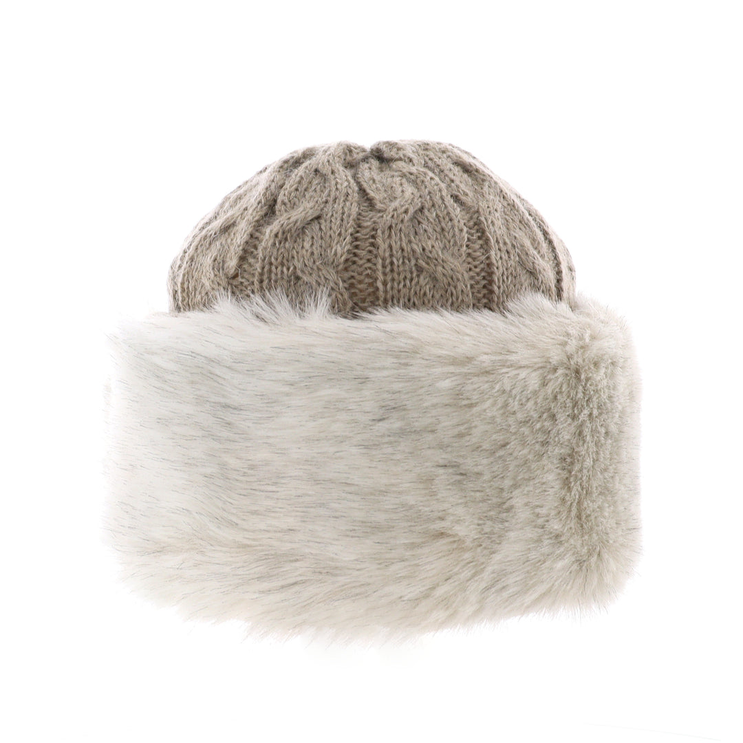 Cable Knit Faux Fur Cossack Winter Hat Pebble