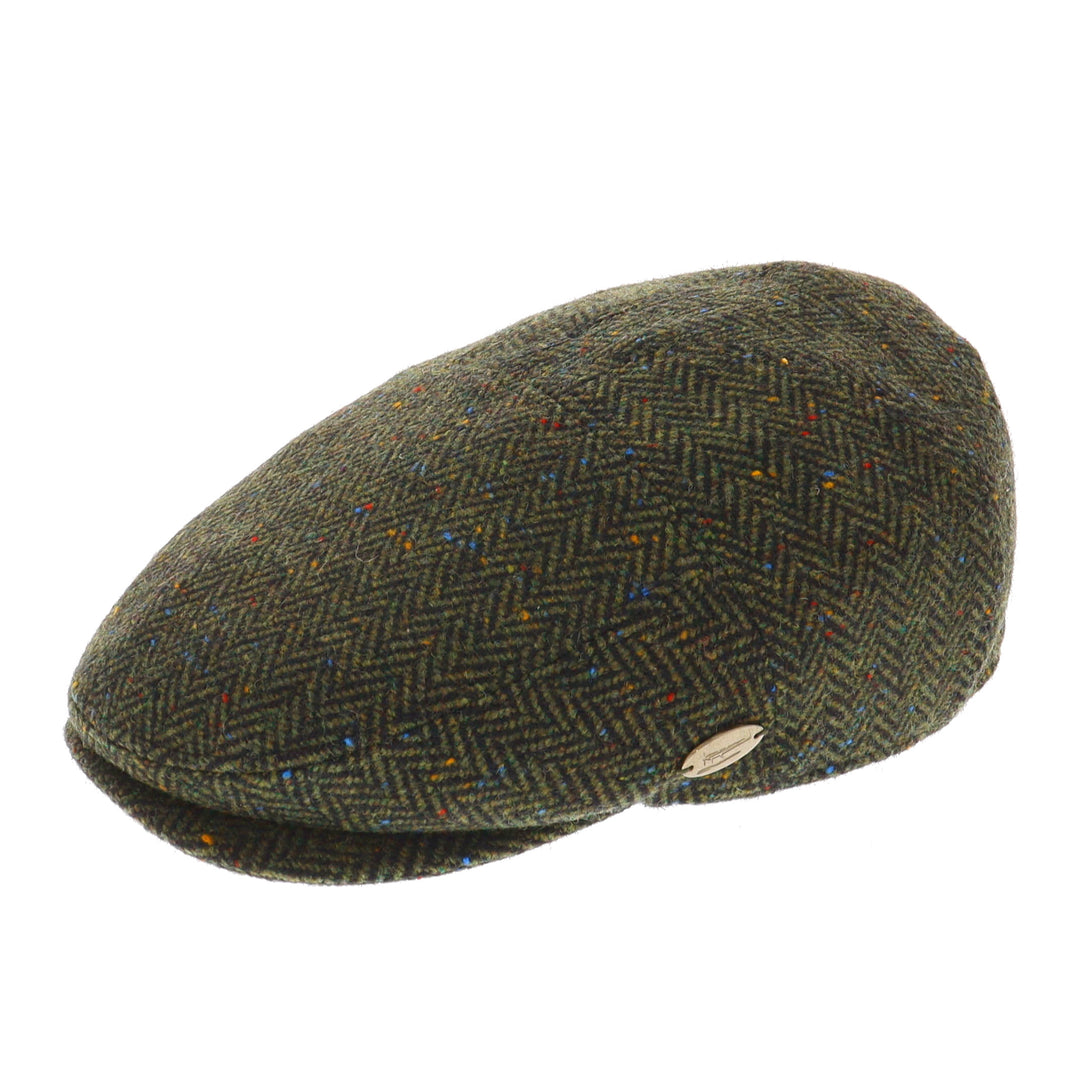 Whiteley Herringbone & Speckle Wool Flat Cap in Moss Green