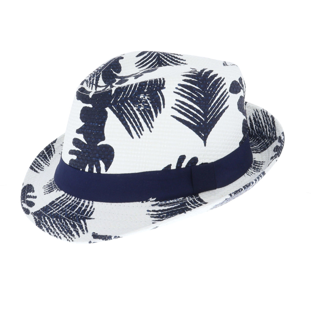 Delmas Summer Leaf Print Straw Trilby Hat in White