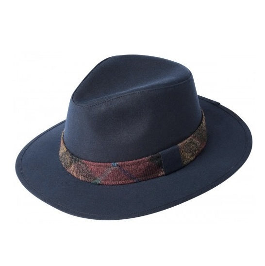Ladies Wax Drifter Fedora In Navy With Tweed Band