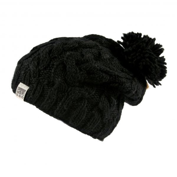 Kusan Cable Knit Floppy Bobble Beanie Hat Black