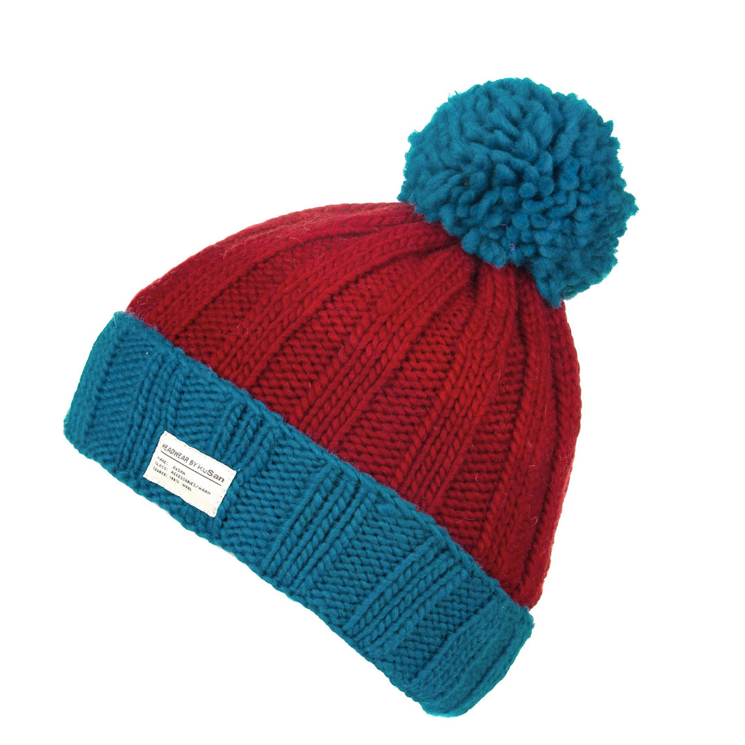 Kusan Moss Yarn Turn Up Bobble Beanie Hat Blue/Red (PK1525)