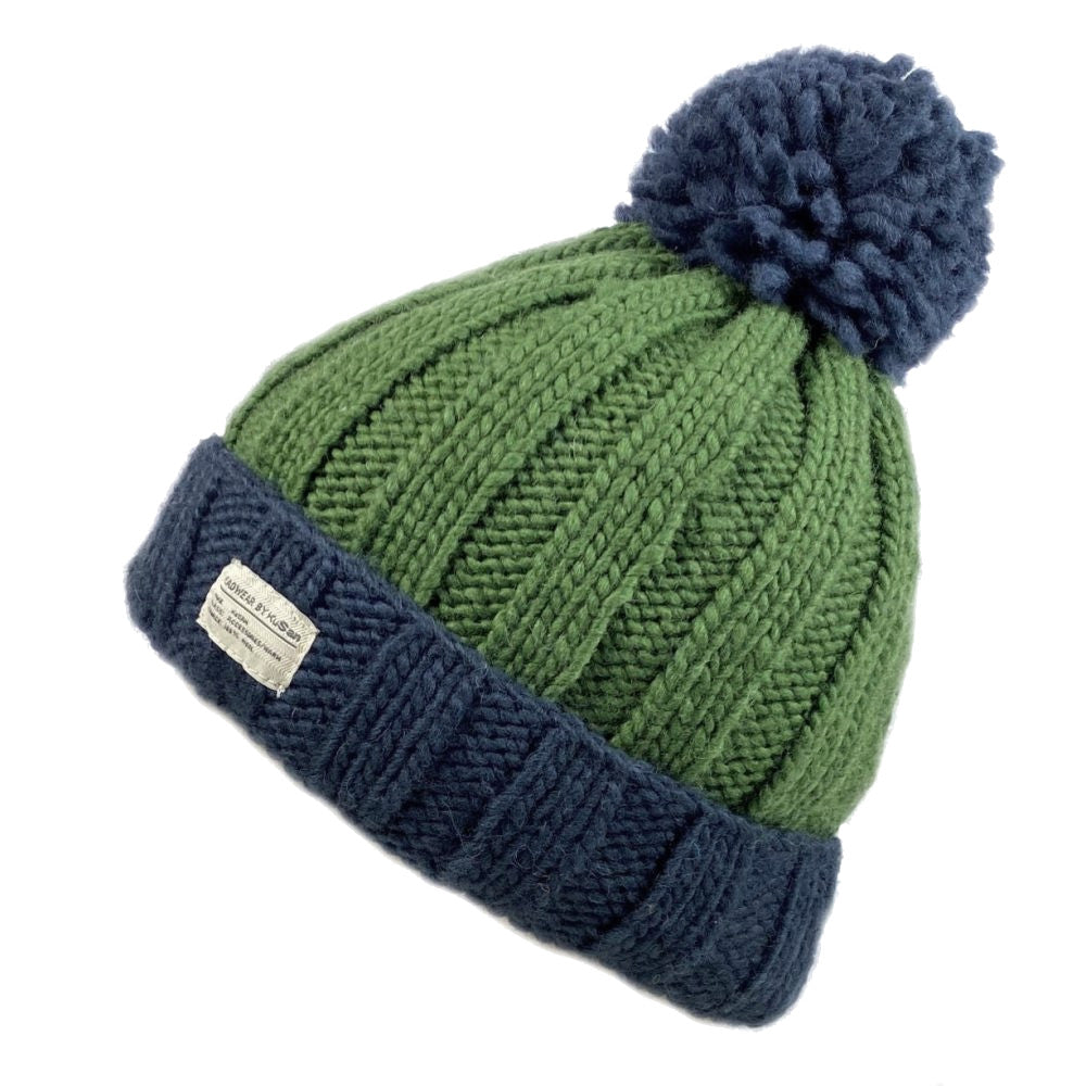 Kusan Moss Yarn Turn Up Bobble Beanie Hat Navy/Green