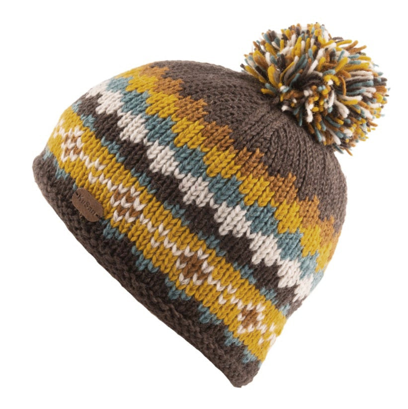 Kusan Wool Bobble Beanie Hat Brown/Mustard (PK1605)