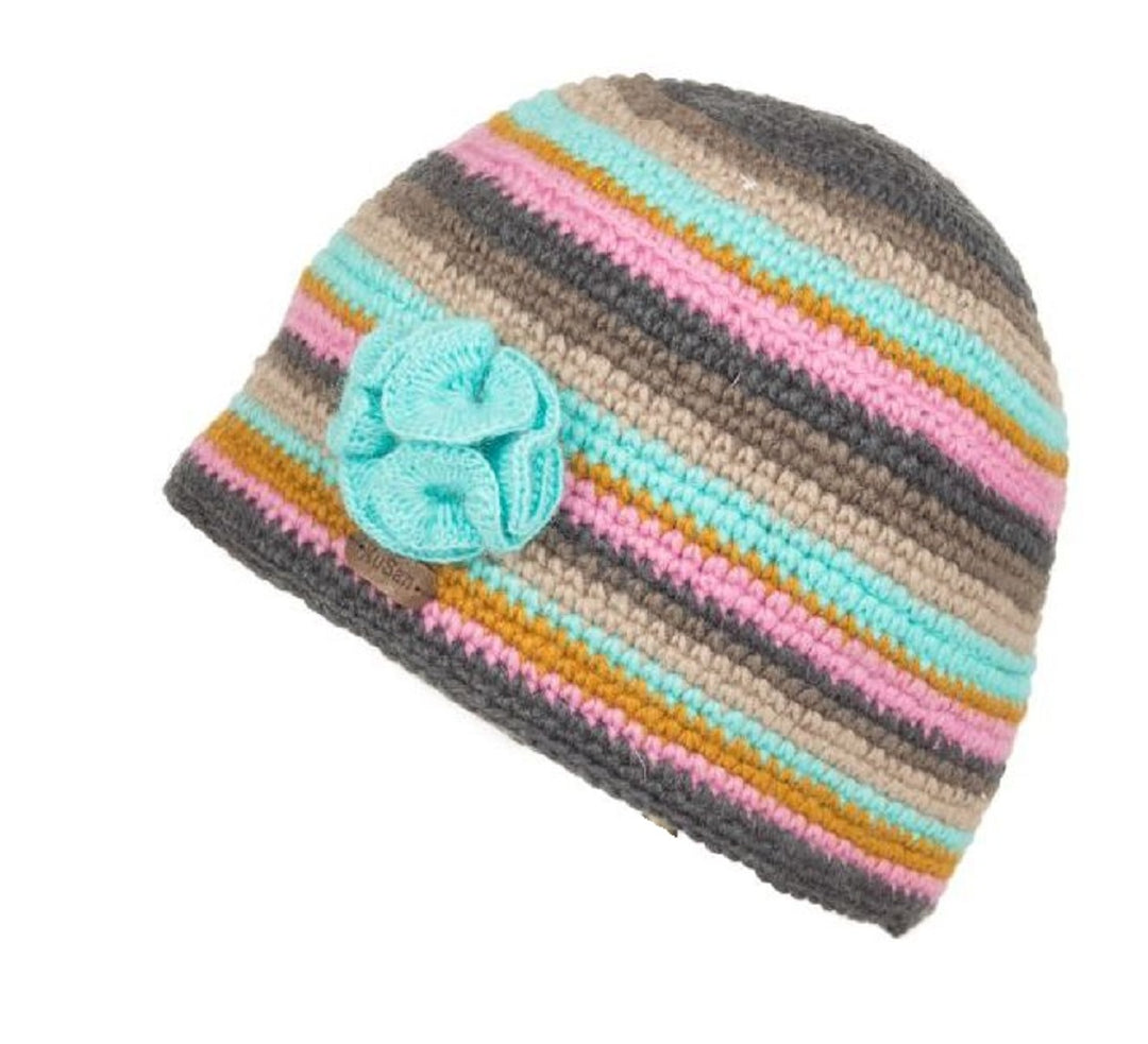 Kusan Crochet Beanie Hat With Removable Flower Brooch Grey/Pink (PK1620)