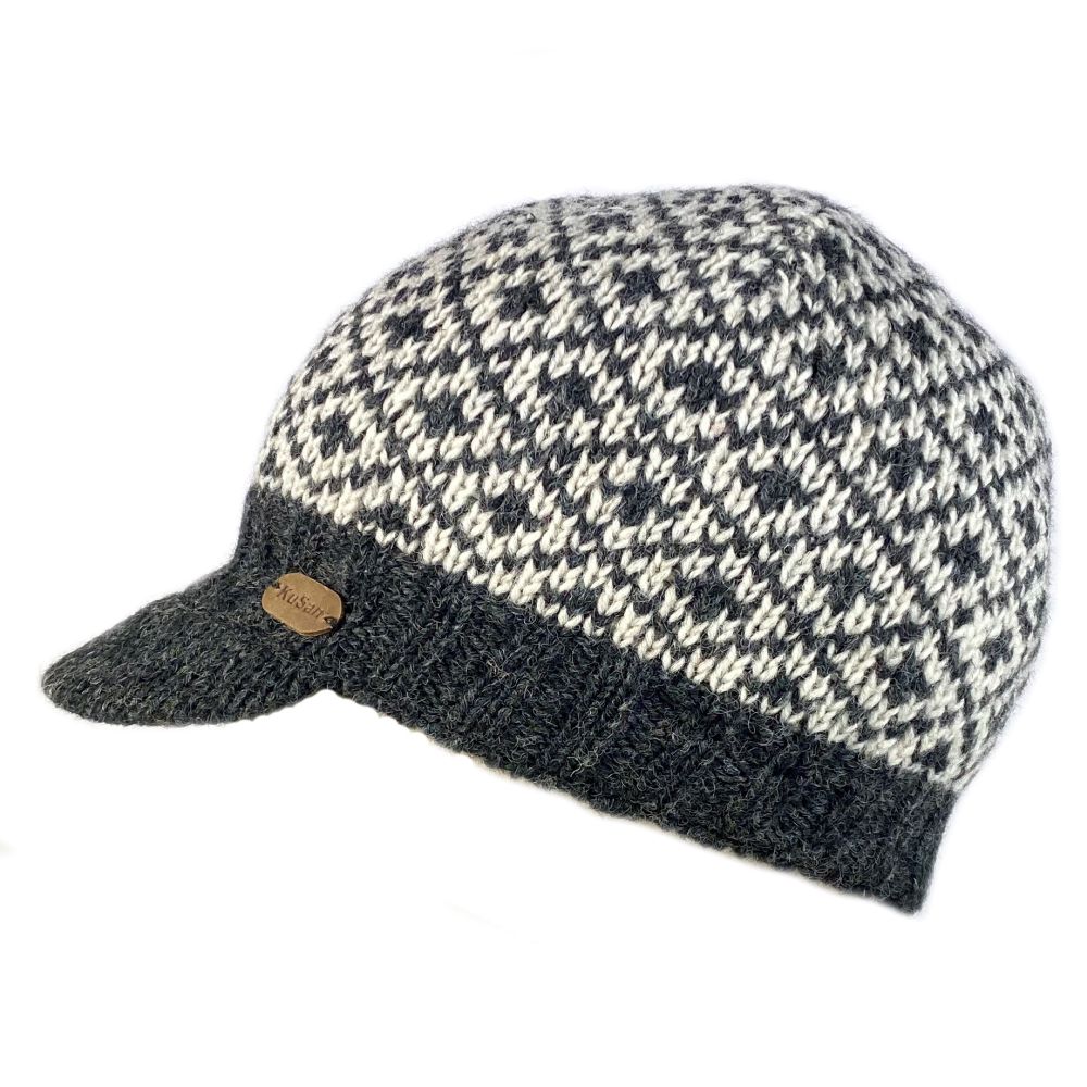 Kusan Fleur de Lis Peaked Beanie Cap Charcoal