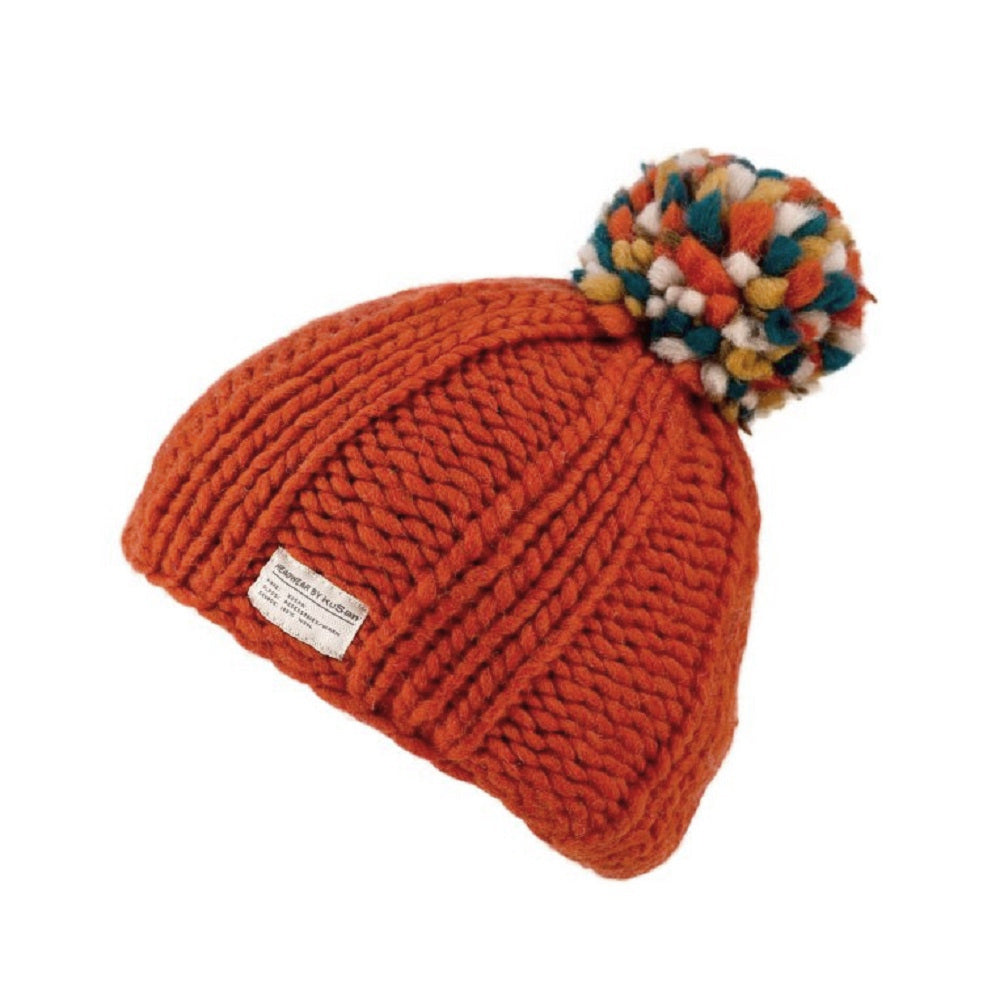 Kusan Yarn Bobble Hat With Multi Coloured Pom Rust Orange