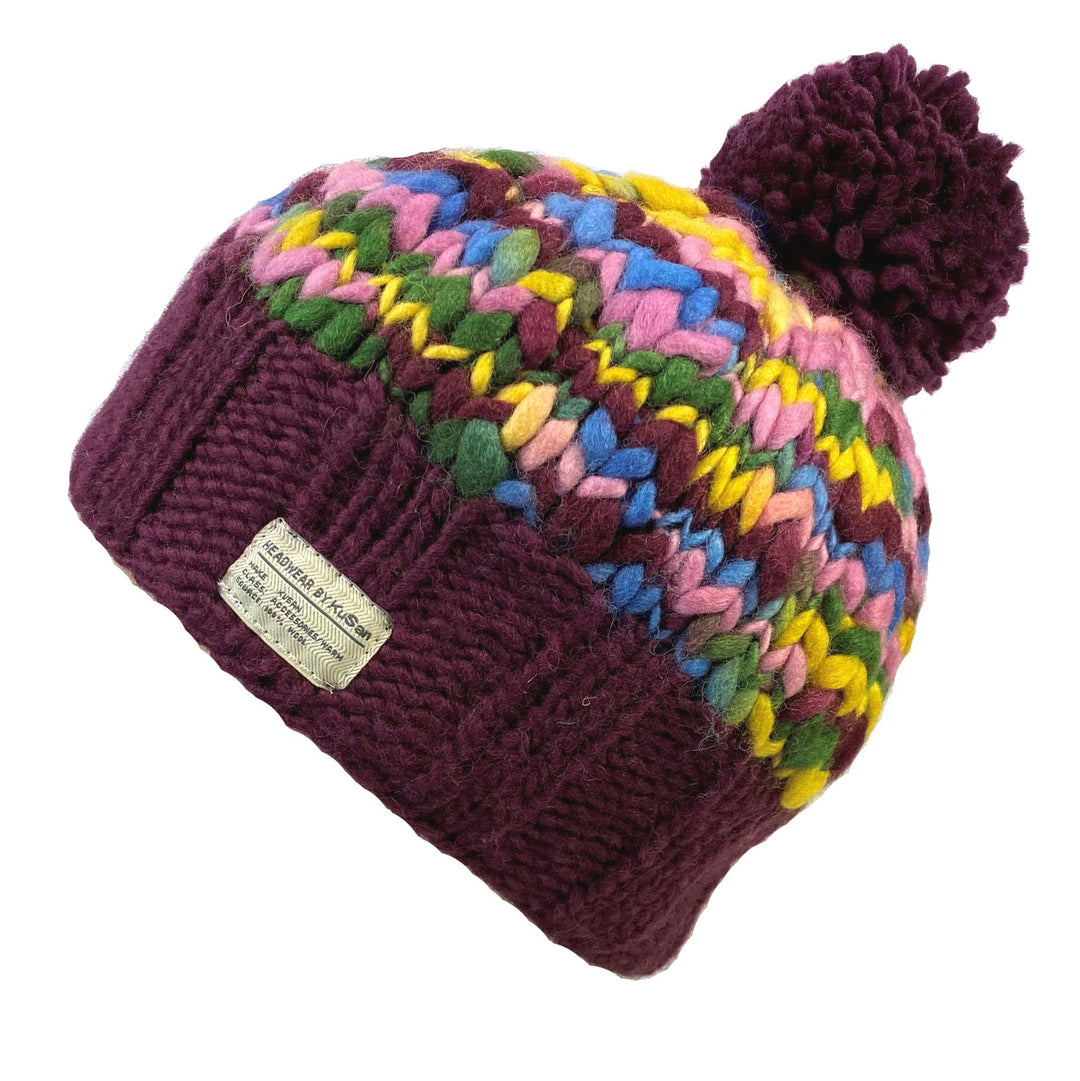 Kusan Uneven Yarn Bobble Beanie Hat Wine (PK2031)