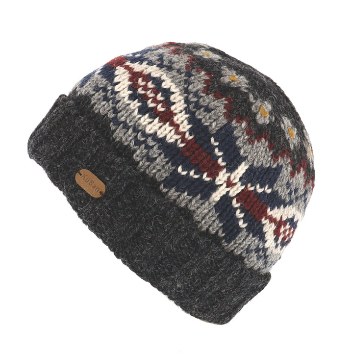 Kusan Wool Turn Up Snowflake Beanie Hat Charcoal