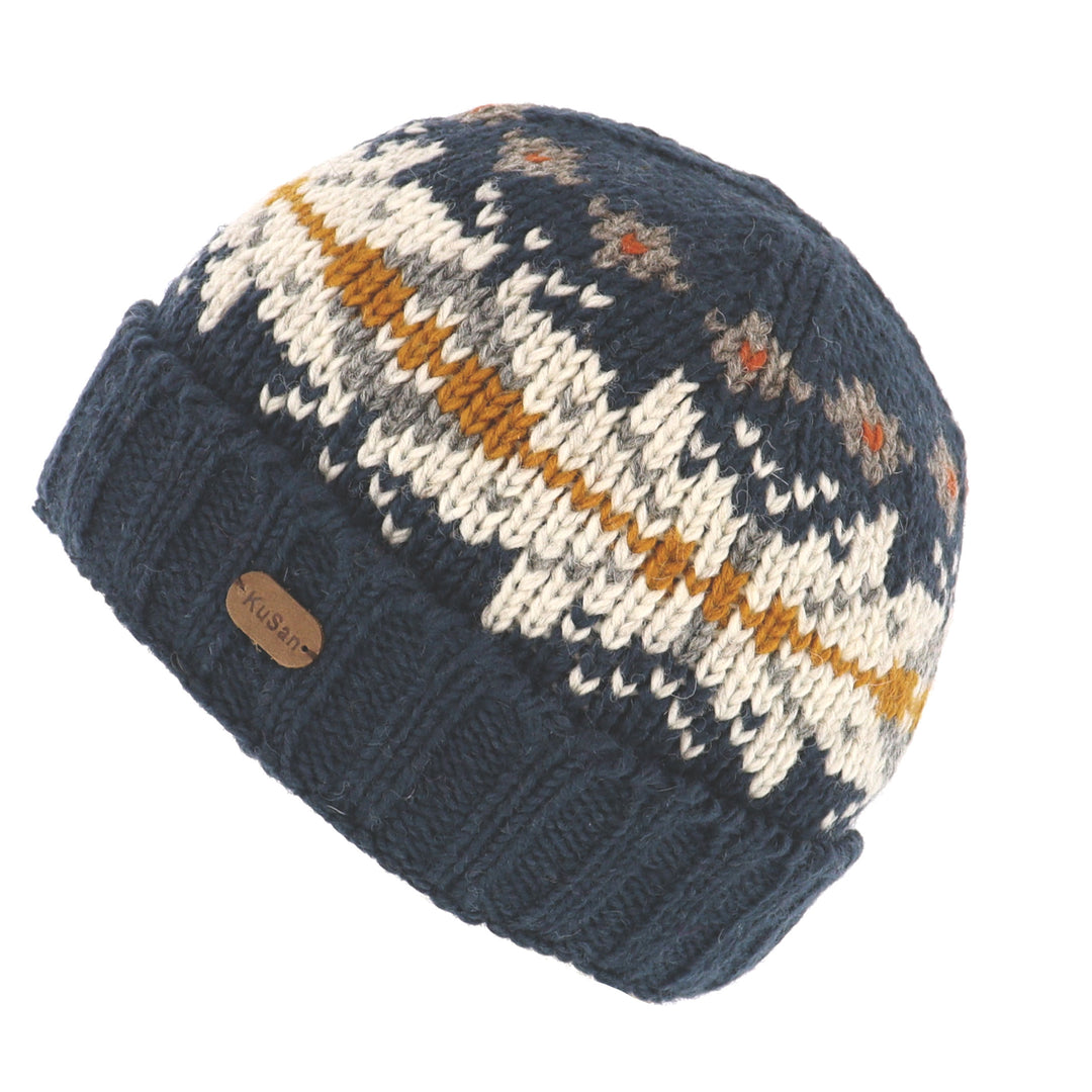 Kusan Wool Turn Up Snowflake Beanie Hat Navy (PK2101)