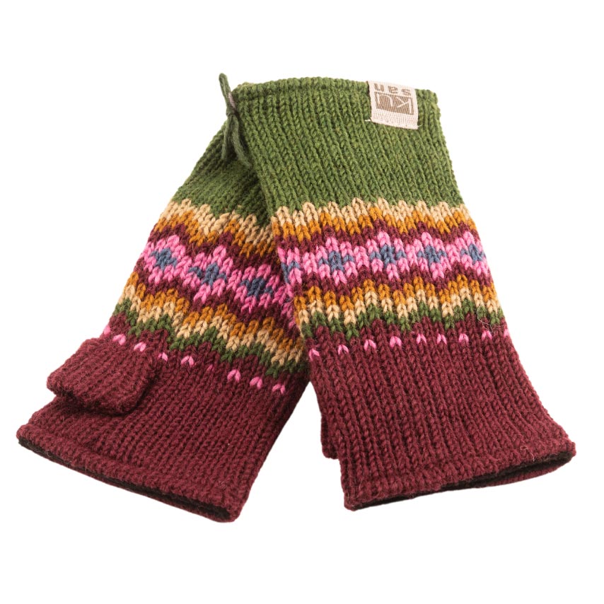 Kusan Fingerless Gloves / Handwarmers Wool Green/Berry (PK2306)