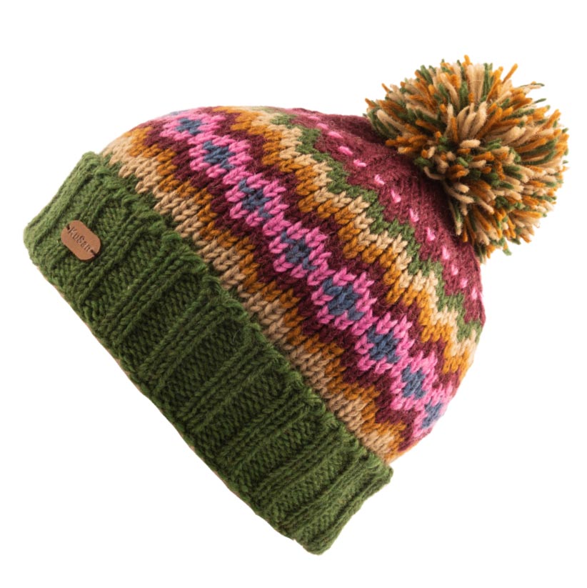 Kusan Wool Turn Up Bobble Hat Green/Purple (PK2306)