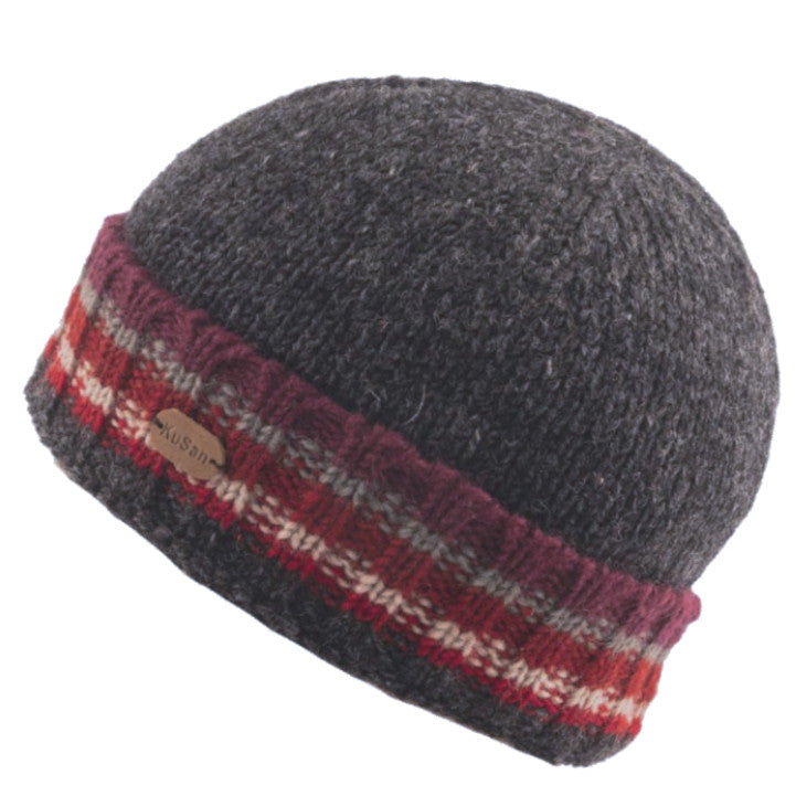 Kusan Wool Turn Up Beanie Hat Grey/Red (PK2311)