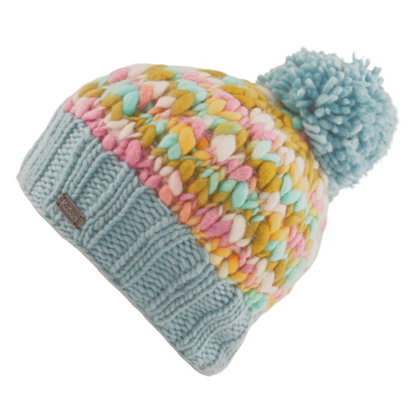 Kusan Uneven Yarn Bobble Beanie Hat Aqua