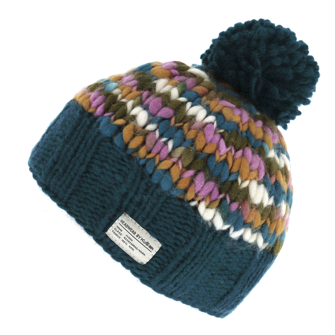 Kusan Uneven Yarn Bobble Beanie Hat Teal