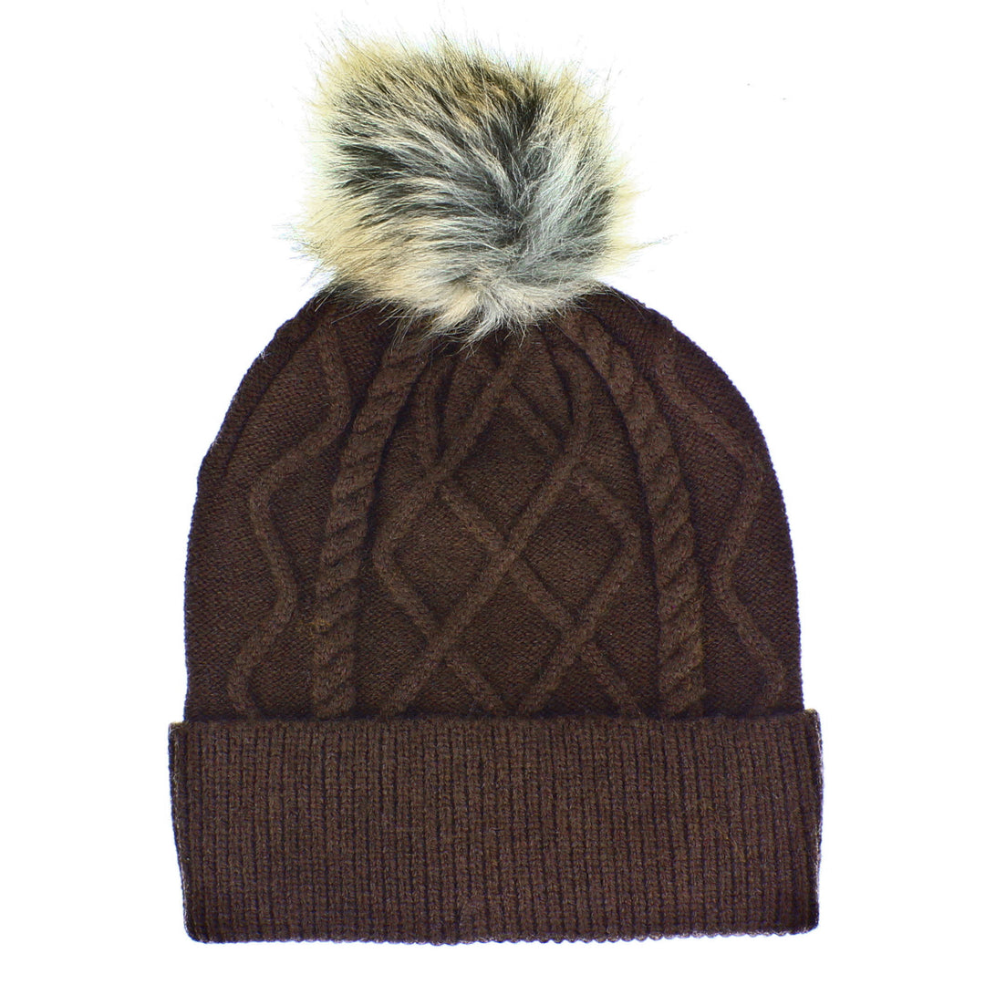 Brown Cable Knit Bobble Hat With Faux Fur Pom