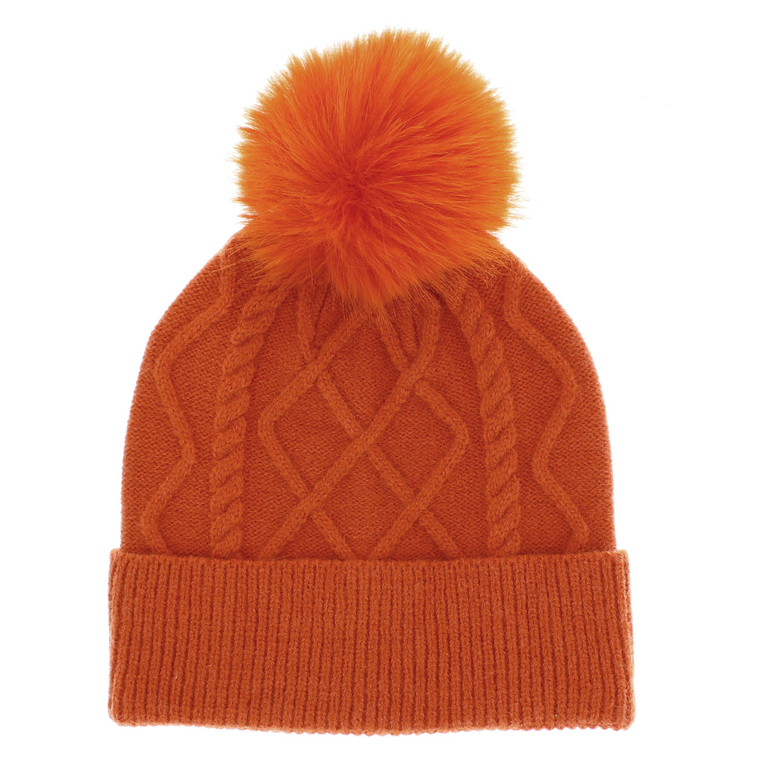 Orange Cable Knit Bobble Hat With Faux Fur Pom