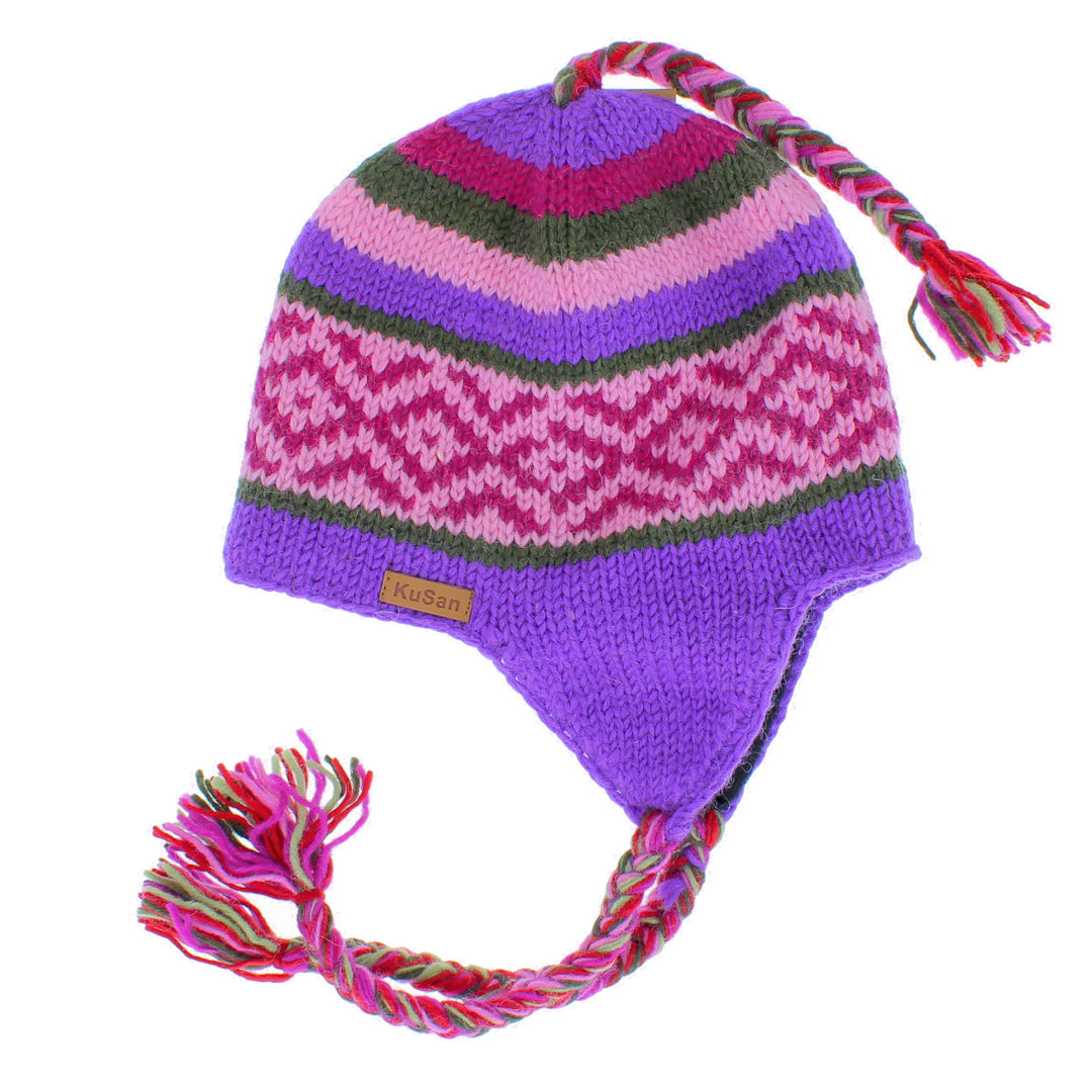 Kusan Wool Trapper Hat With Plaits, Pink/Purple