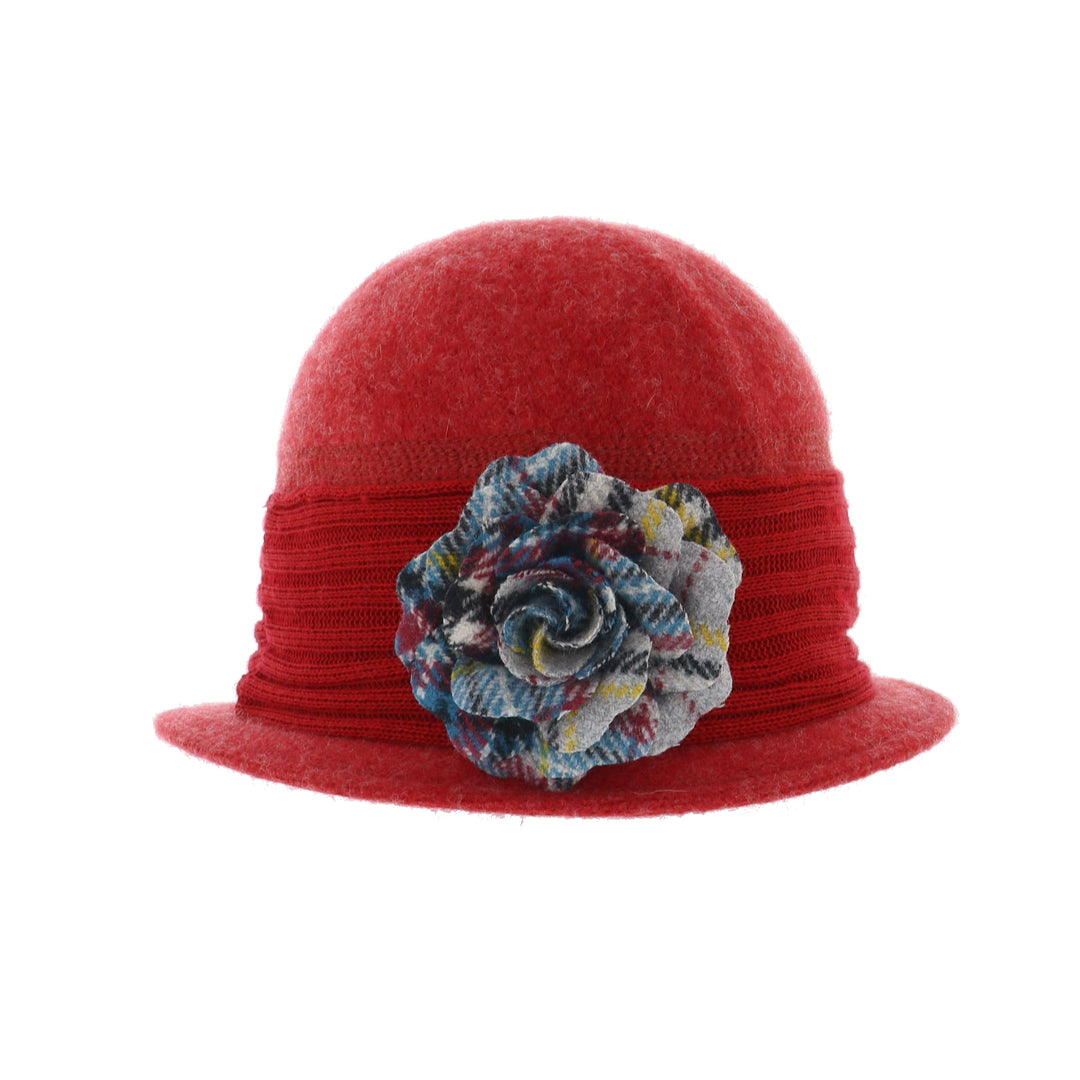 Red Wool Pull On Cloche With Corsage Flower