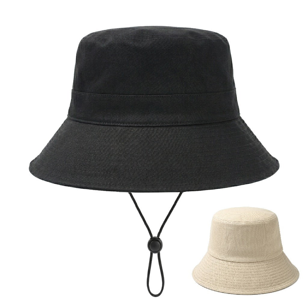 Reversible Cotton Bucket Hat With Chin Cord in Black & Natural