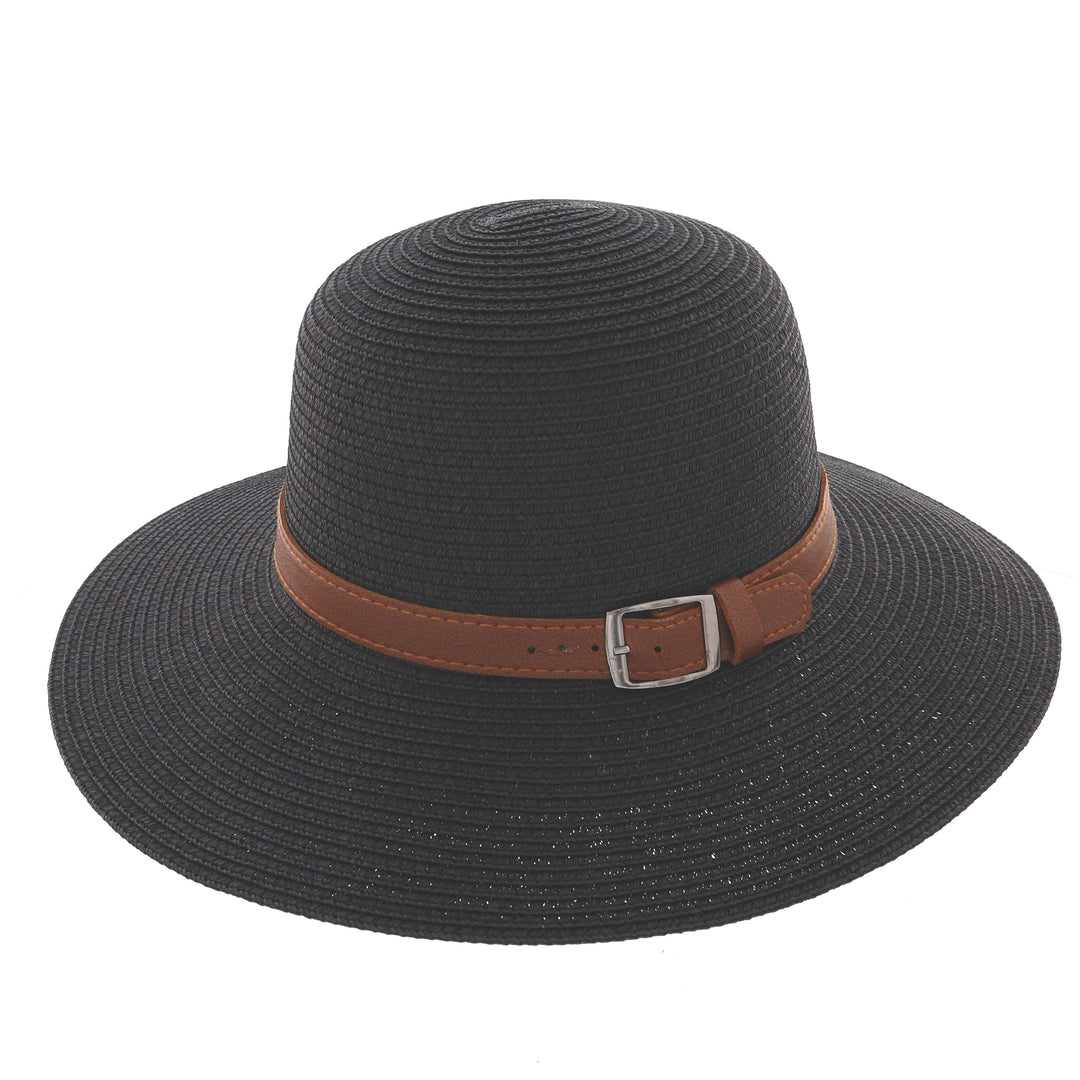 Ladies Summer Straw Wide Brim Sun Hat with Buckle Band in Black