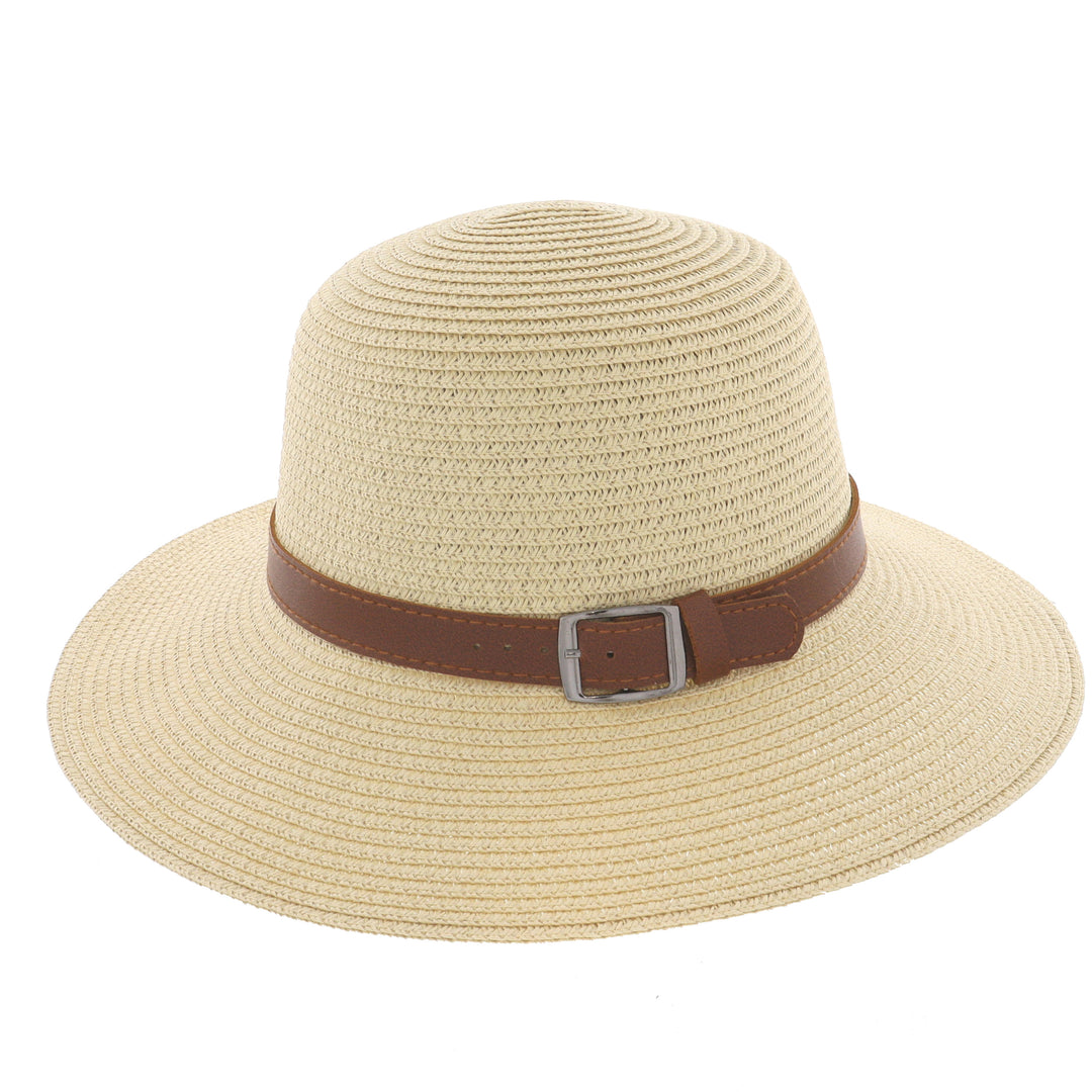 Ladies Summer Straw Wide Brim Sun Hat with Buckle Band in Natural