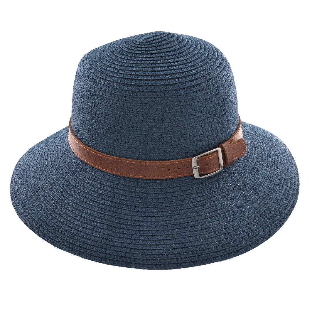 Ladies Summer Straw Wide Brim Sun Hat with Buckle Band in Navy