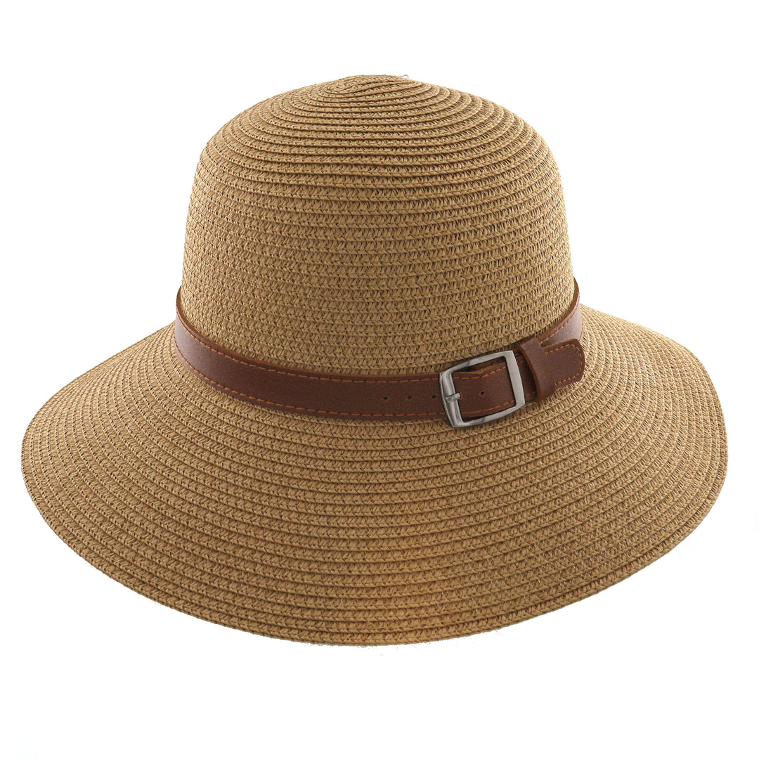 Ladies Summer Straw Wide Brim Sun Hat with Buckle Band in Tan