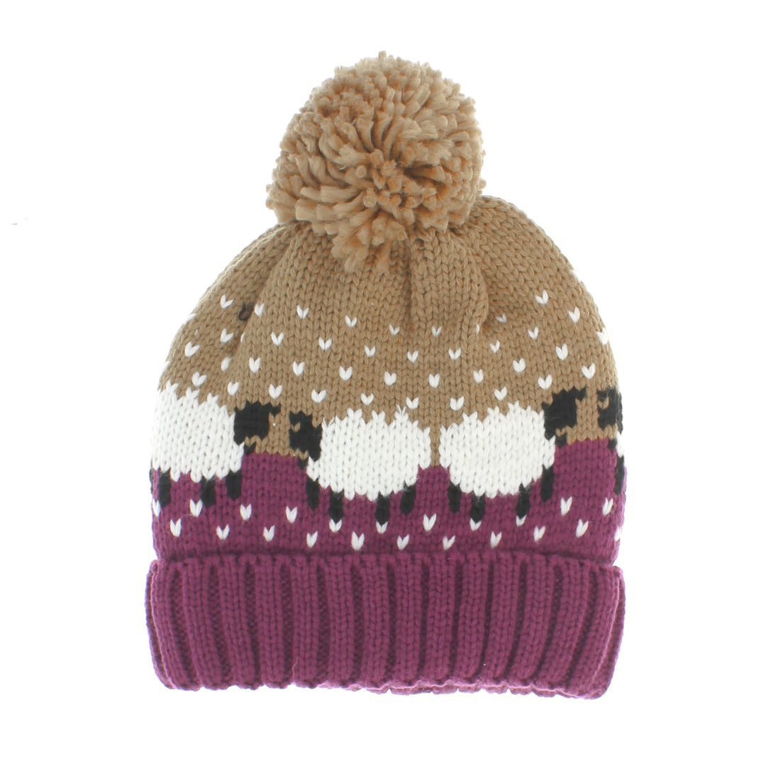 Sheep Bobble Hat Plum/Beige