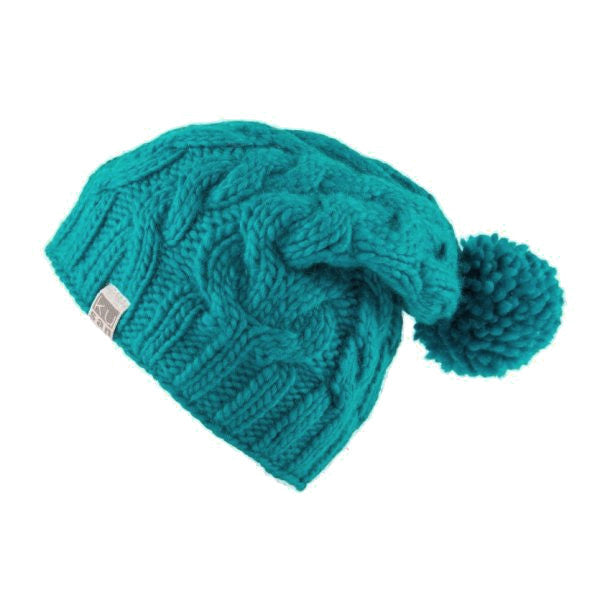 Kusan Cable Knit Wool Floppy Bobble Beanie Hat Turquoise
