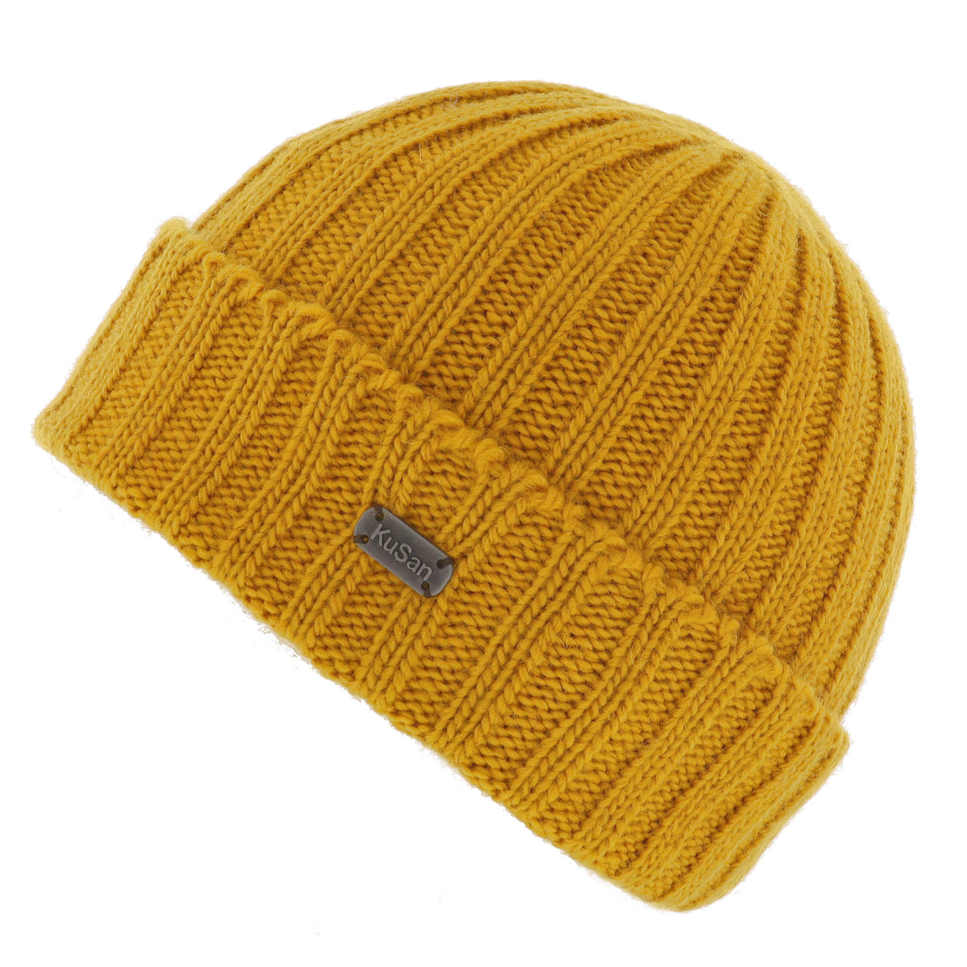 Kusan Rib Knit Turn Up Beanie Hat Yellow