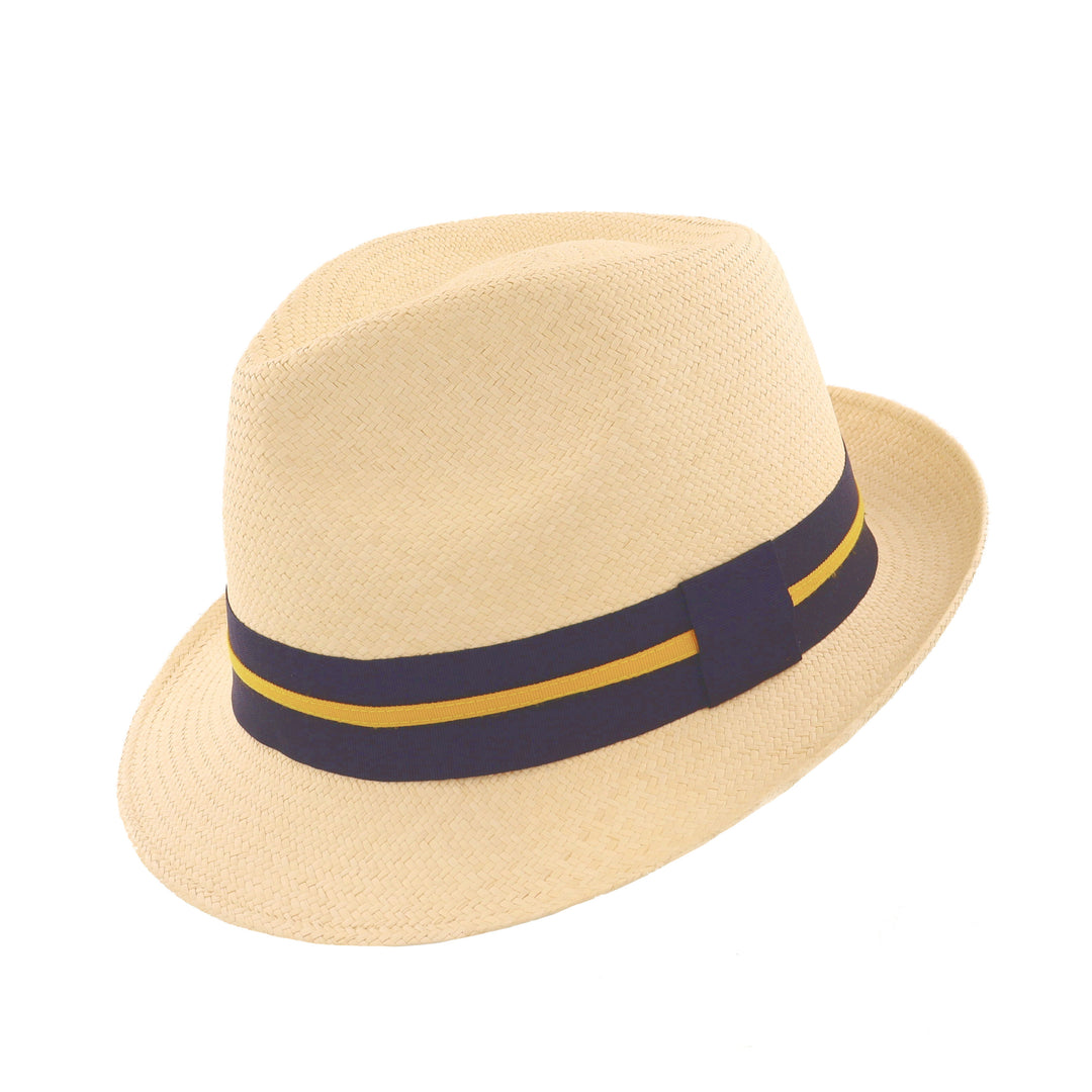 Failsworth Panama Trilby Hat In Natural With Navy & Yellow Stripe Band