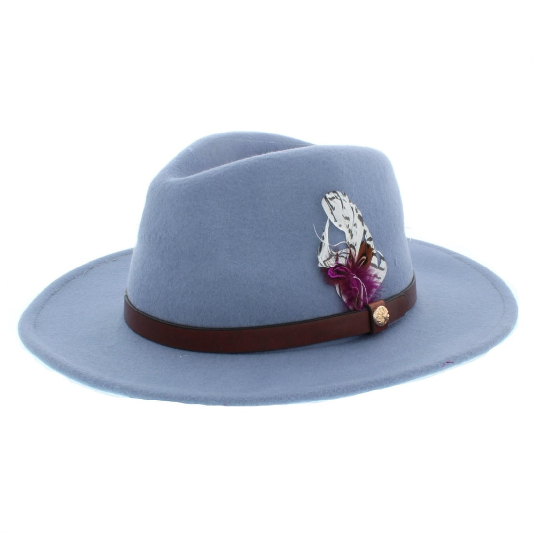 Ladies Blue Wool Fedora With Feather Trim