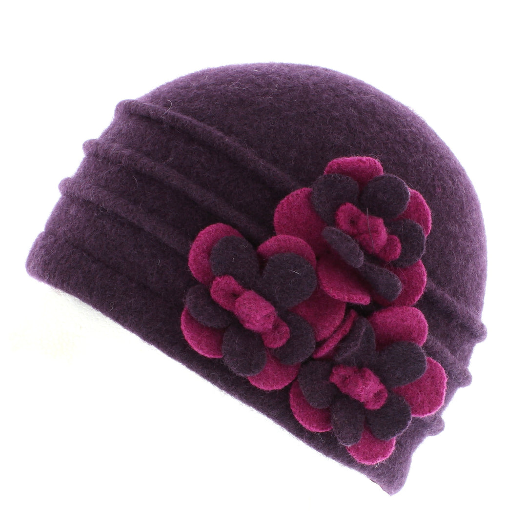 Plum/Pink Ribbed Wool Cloche Beanie Hat With Flower Detail