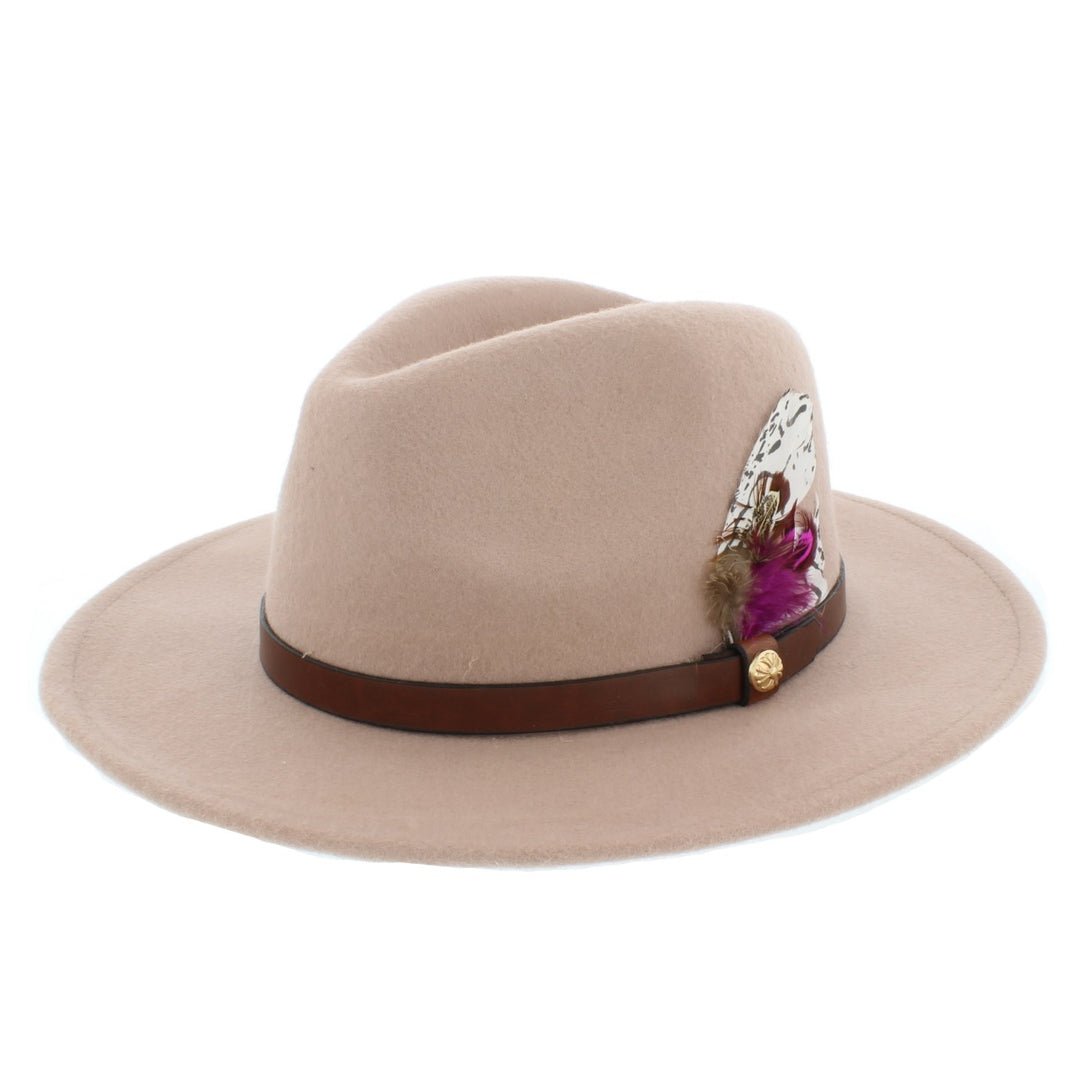 Ladies Nude Wool Fedora With Feather Trim