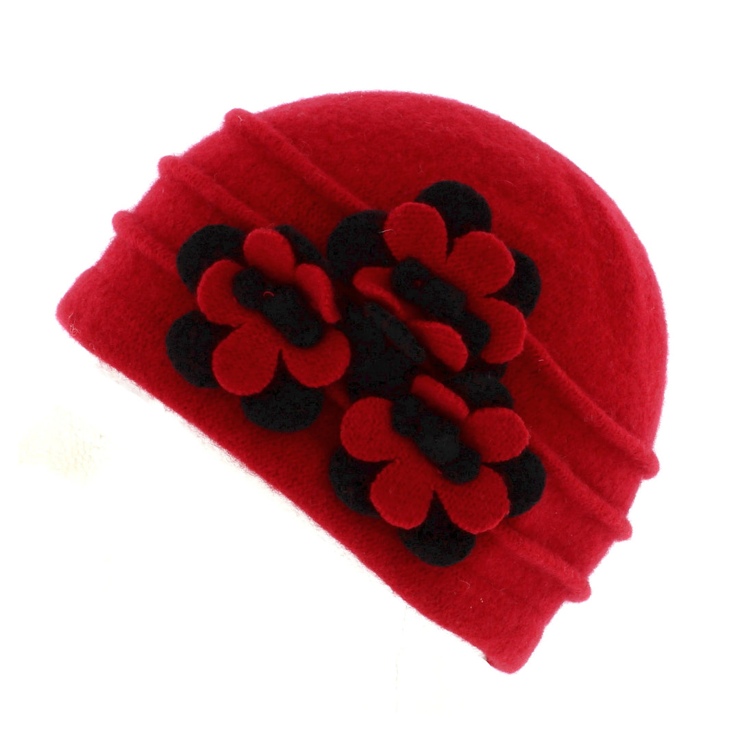 Red/Black Ribbed Wool Cloche Beanie Hat With Flower Detail