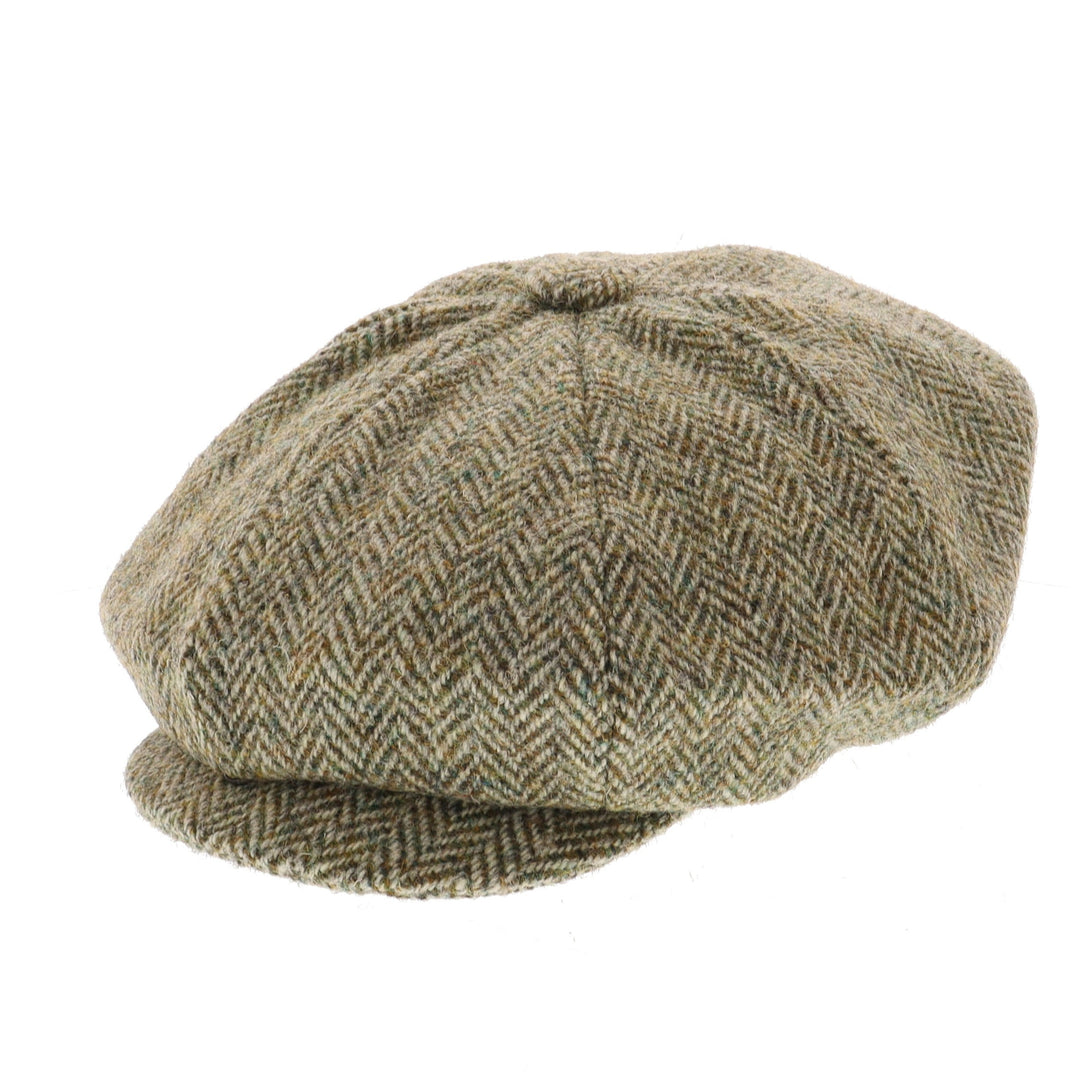 Glen Appin Harris Tweed Wool Bakerboy Cap Green Herringbone