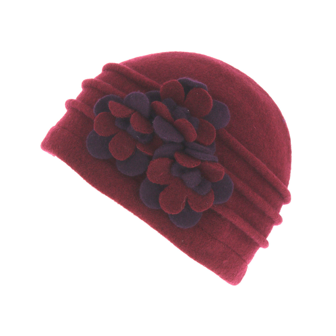 Burgundy Ribbed Wool Cloche Beanie Hat With Flower Detail