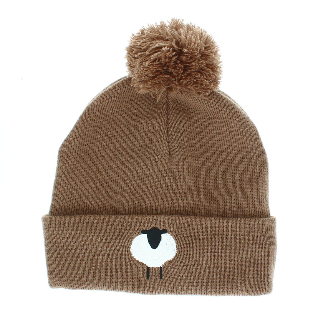 Sheep Embroidered Beanie Hat in Light Brown